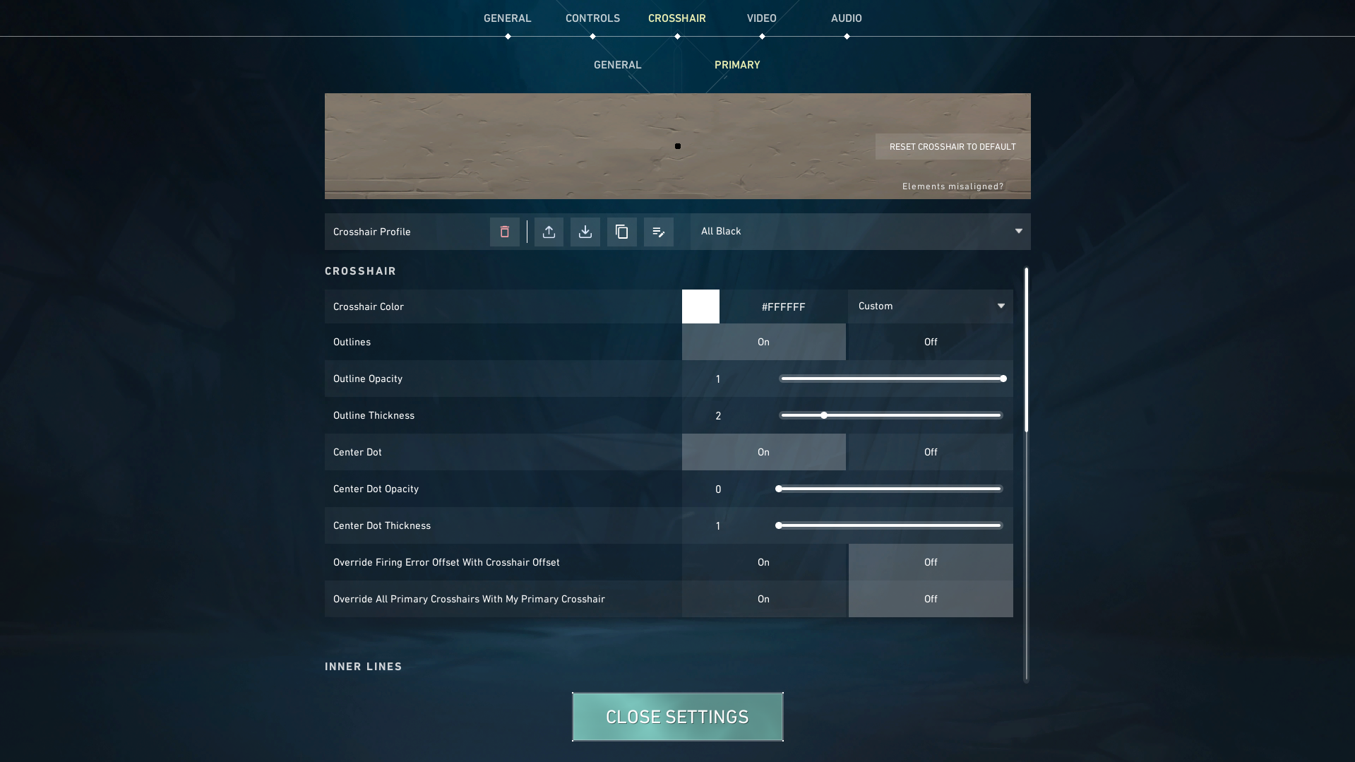 Black Crosshair VALORANT - Crosshair Section Settings