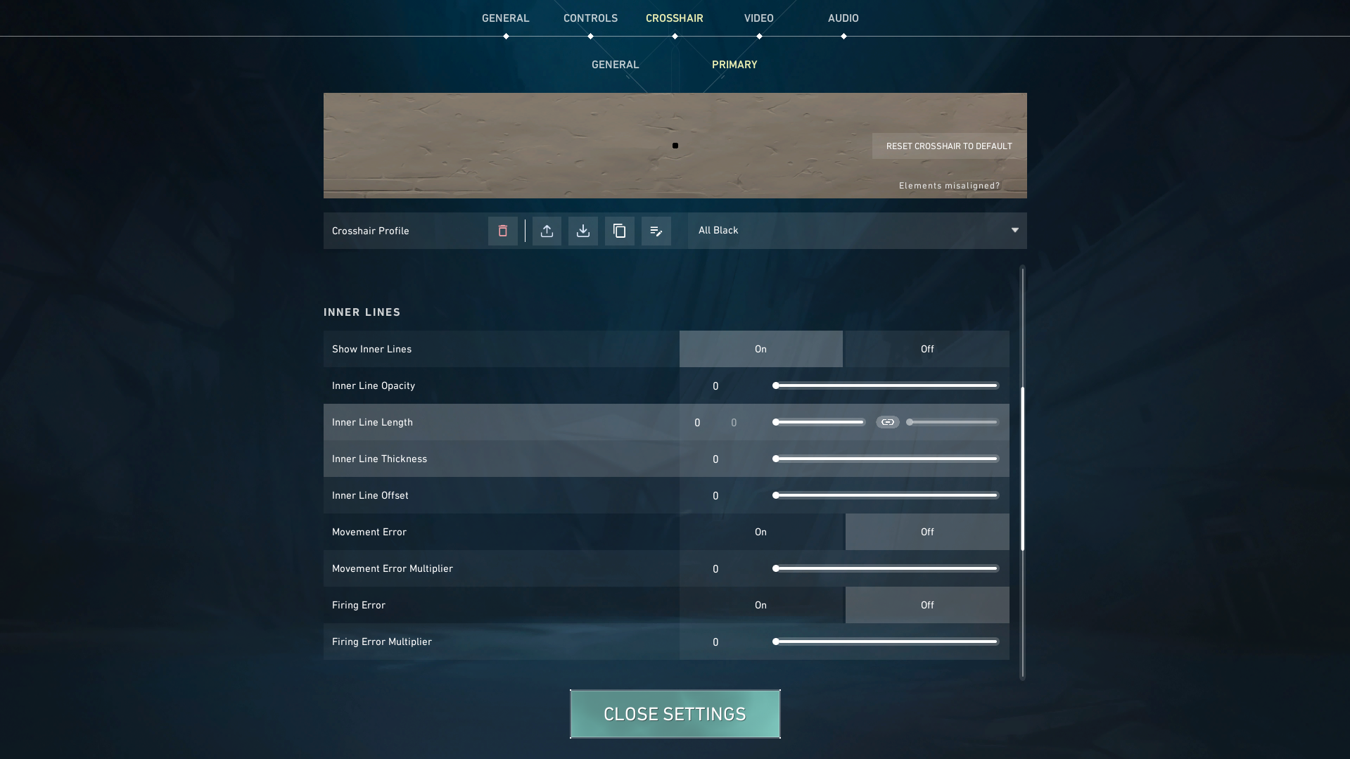 Black Crosshair VALORANT - Inner Lines Section Settings