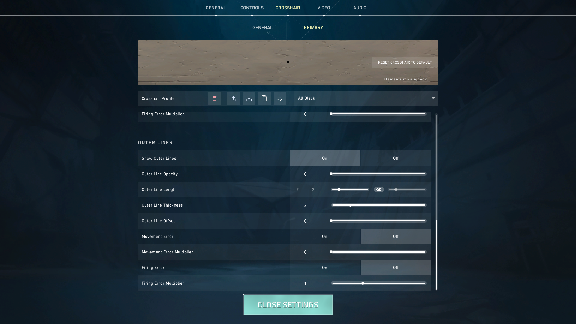 Black Crosshair VALORANT - Outer Lines Section Settings